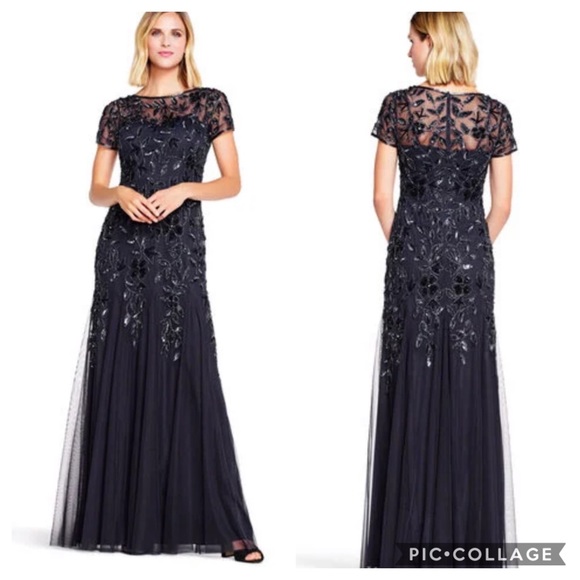 Adrianna papell PLUS SIZyshort sleeves Floral Beaded Godet long Gown - Picture 3 of 16